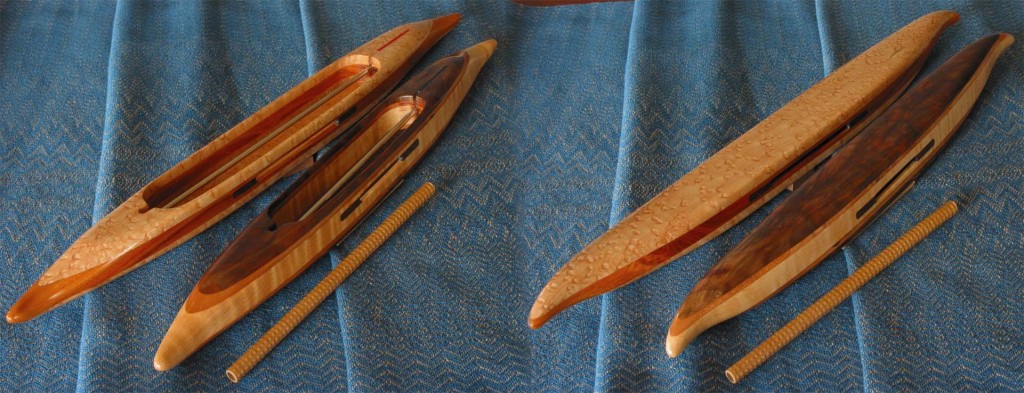 Quill shuttles with black walnut featherwood and bird's eye maple emphasis